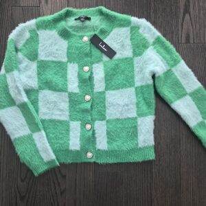 Lulus Green and White Checkered Cardigan NWT